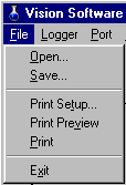 File Menu - Open..., Save..., Print Setup...,Print Preview..., Print, Exit