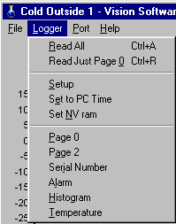 Logger Menu - Read All, Read Just Page 0, Setup, Set to PC Time, Set NV ram, Page 0, Page 2, Serial Number, Alarm, Histogram, Temperature